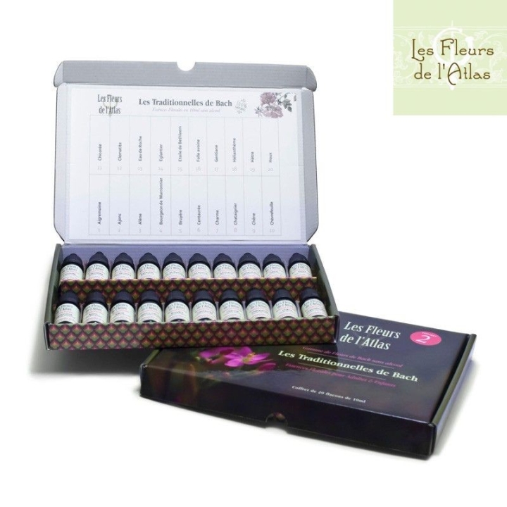 Fleurs de Bach SANS ALCOOL 10 ml - Coffret plein 38 fleurs de l'Atlas + 2 solutions d'urgence Rescue (1 jour et 1 nuit) Mes Fleu