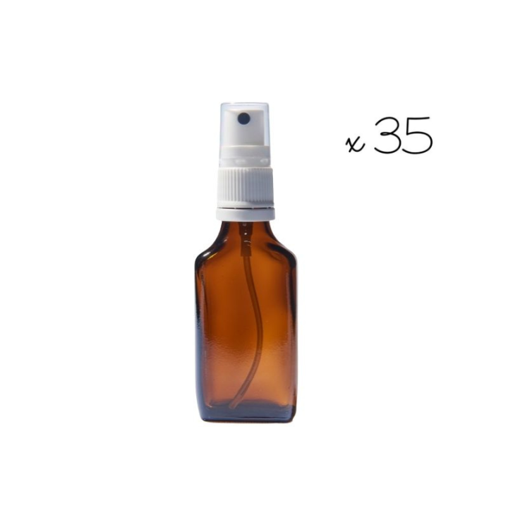 35 flacons vaposprays plats vides teintés 30 ml - idéal pour envoi postal Mes Fleurs de BACH 1 - mesfleursdebach.com 