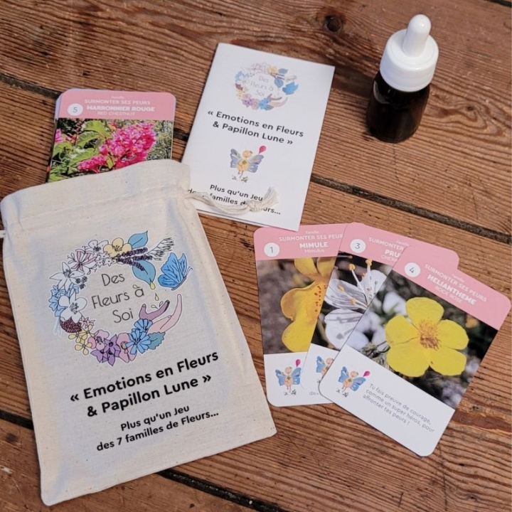 Cartes enfants Fleurs de Bach "Emotions en Fleurs et Papillon Lune" - 11*7cm Mes Fleurs de BACH 2 - mesfleursdebach.com 