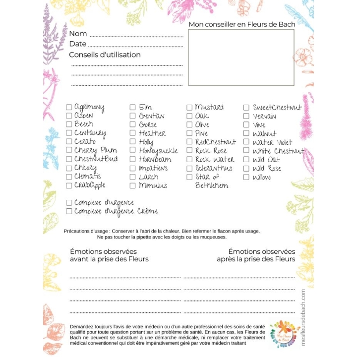 Bloc conseil avec la liste des fleurs de Bach à cocher Mes Fleurs de BACH 2 - mesfleursdebach.com 