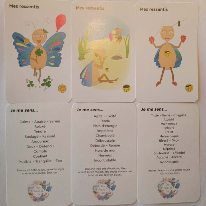 Cartes enfants "Mes ressentis et mes besoins avec Papillon Lune" - 11*7cm Mes Fleurs de BACH 5 - mesfleursdebach.com 