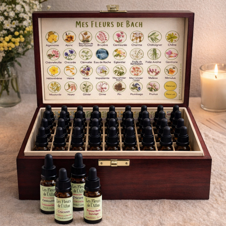 Fleurs de Bach SANS ALCOOL 30 ml - Coffret bois plein 38 fleurs de l'Atlas + 2 solutions d'urgence Rescue [product.brand] 1 - me