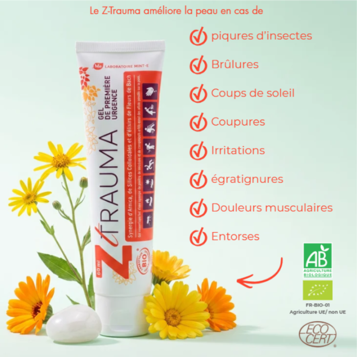 Gel de première urgence Z-Trauma 60 ml bio aux fleurs de Bach Laboratoire Mint-e 1 - mesfleursdebach.com 